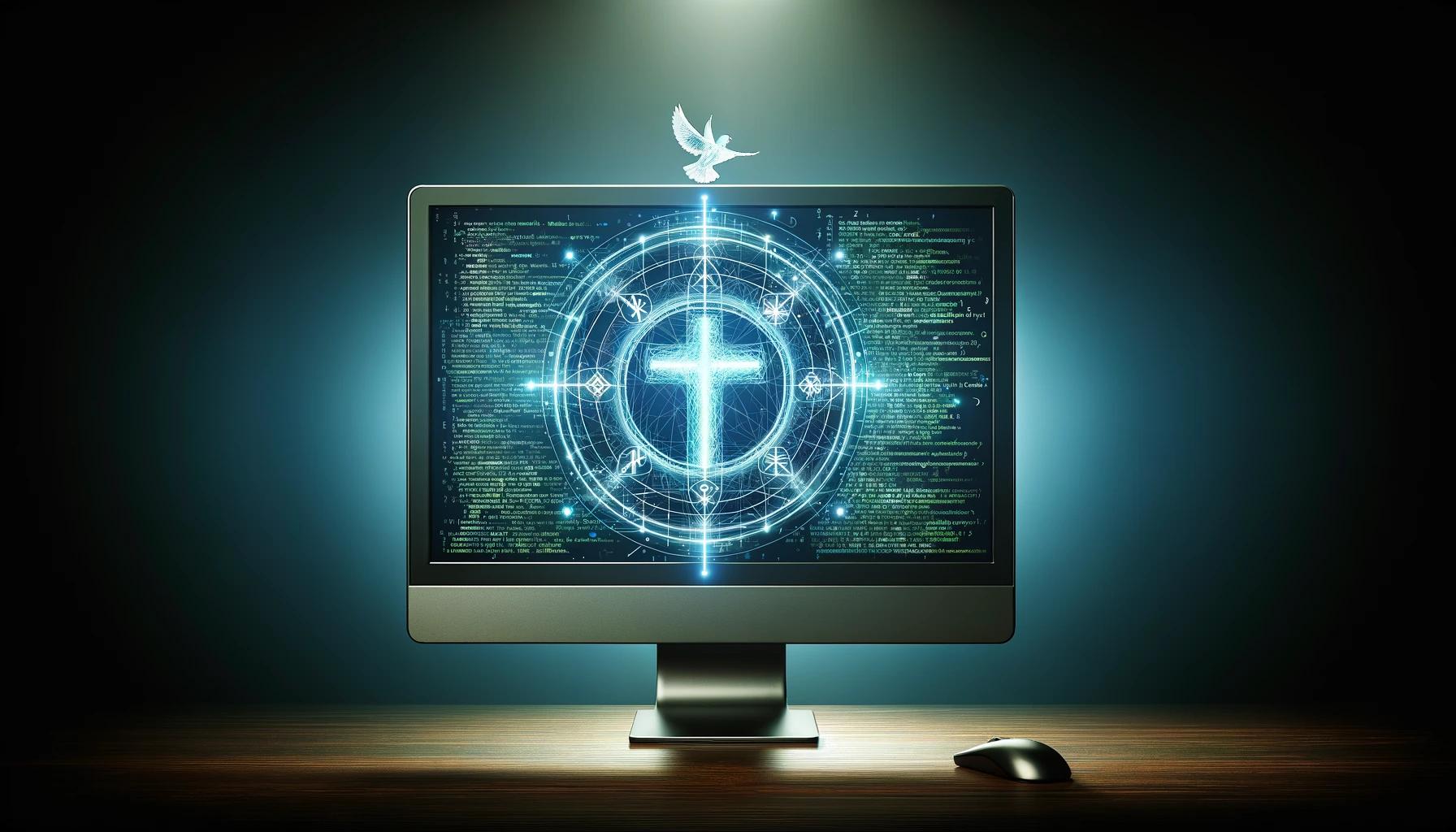 Placeholder image of a computer screen displaying code with symbols of faith like a cross or a dove