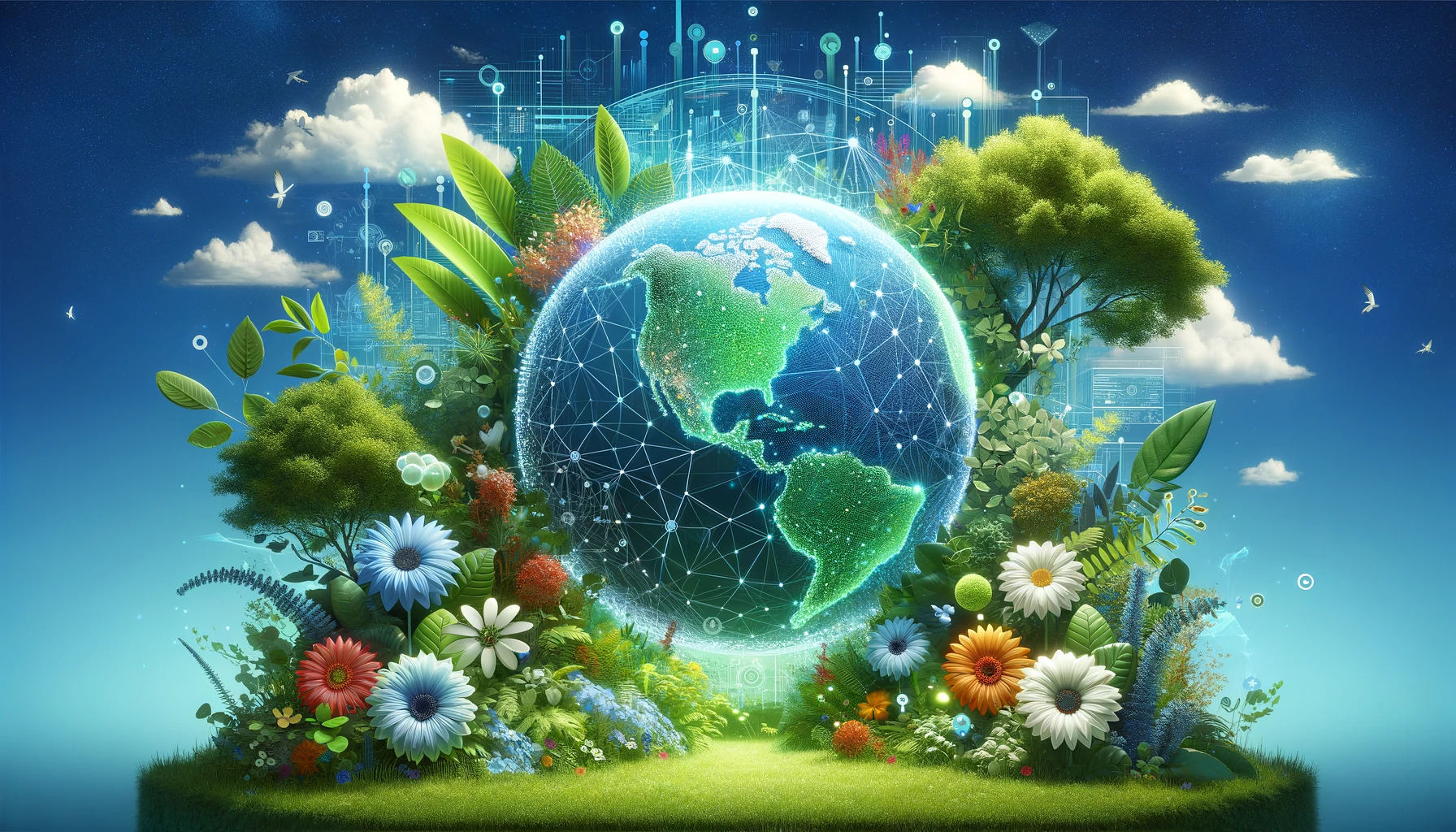 Placeholder image of a digital globe with flora flourishing around it