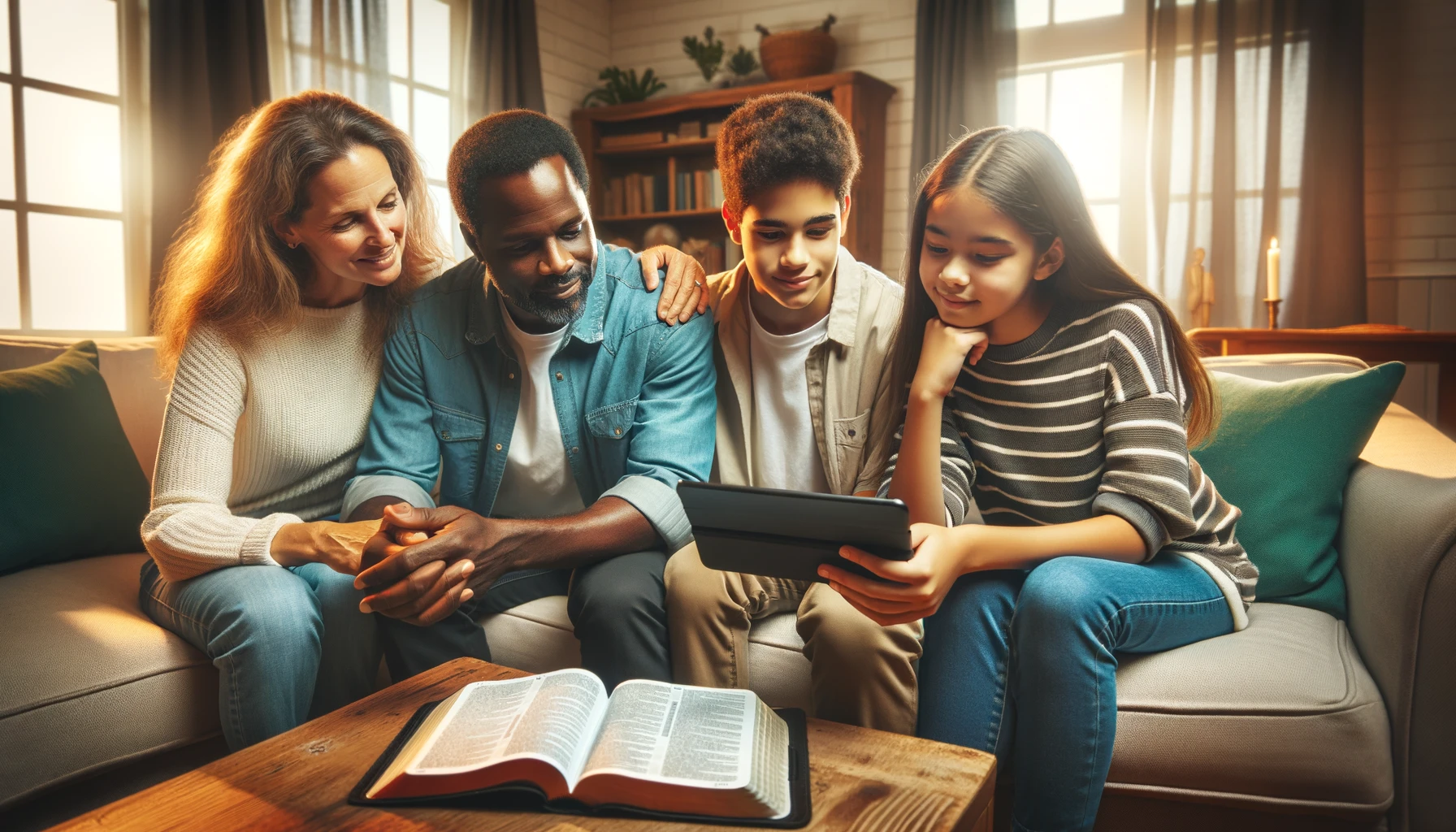 Placeholder image of a family together, discussing over a tablet with both digital content and an open Bible visible