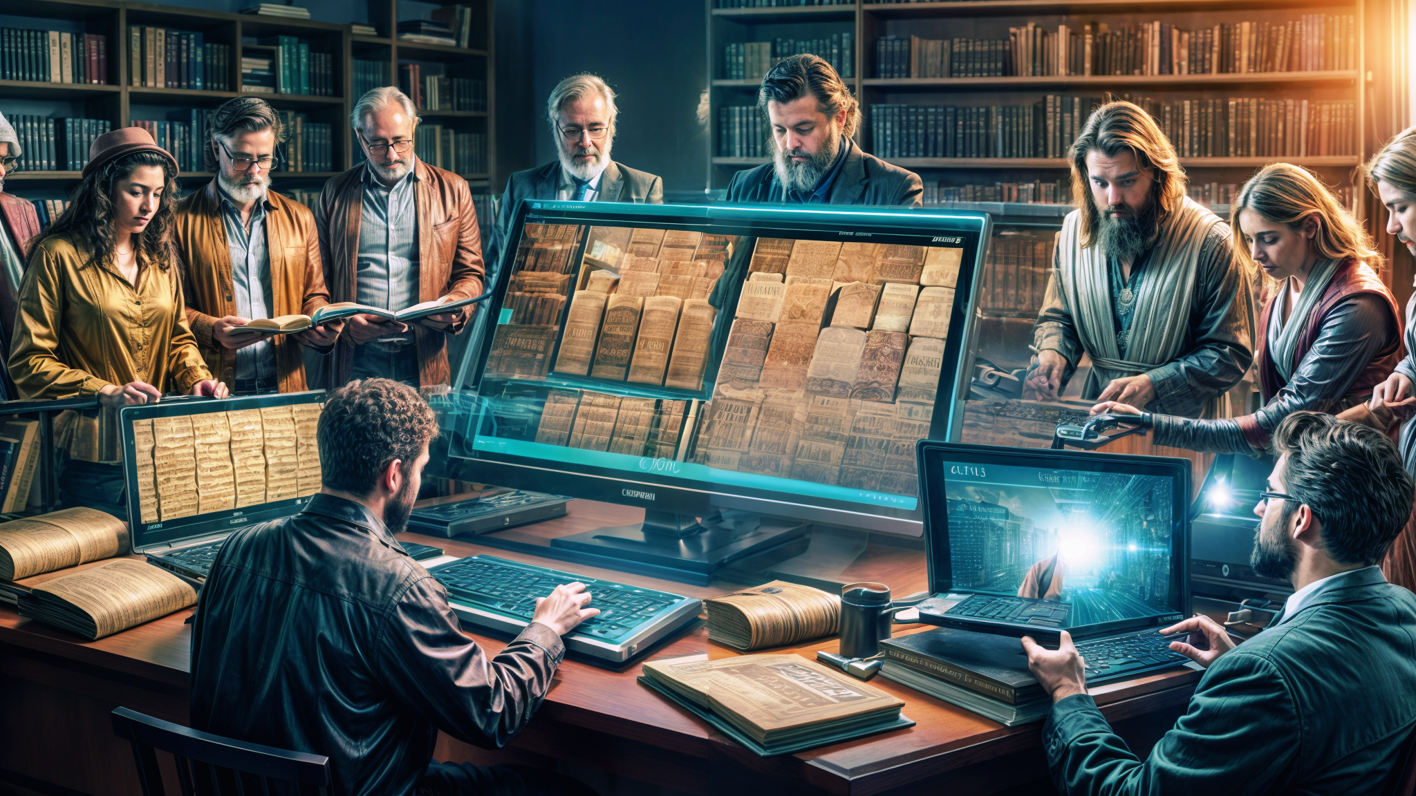 AI and People analyzing the Dead Sea Scrolls manuscripts