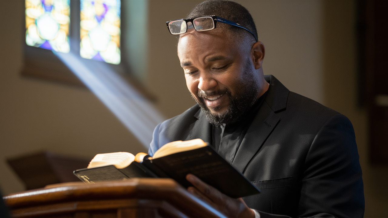 Pastor praying over Bible