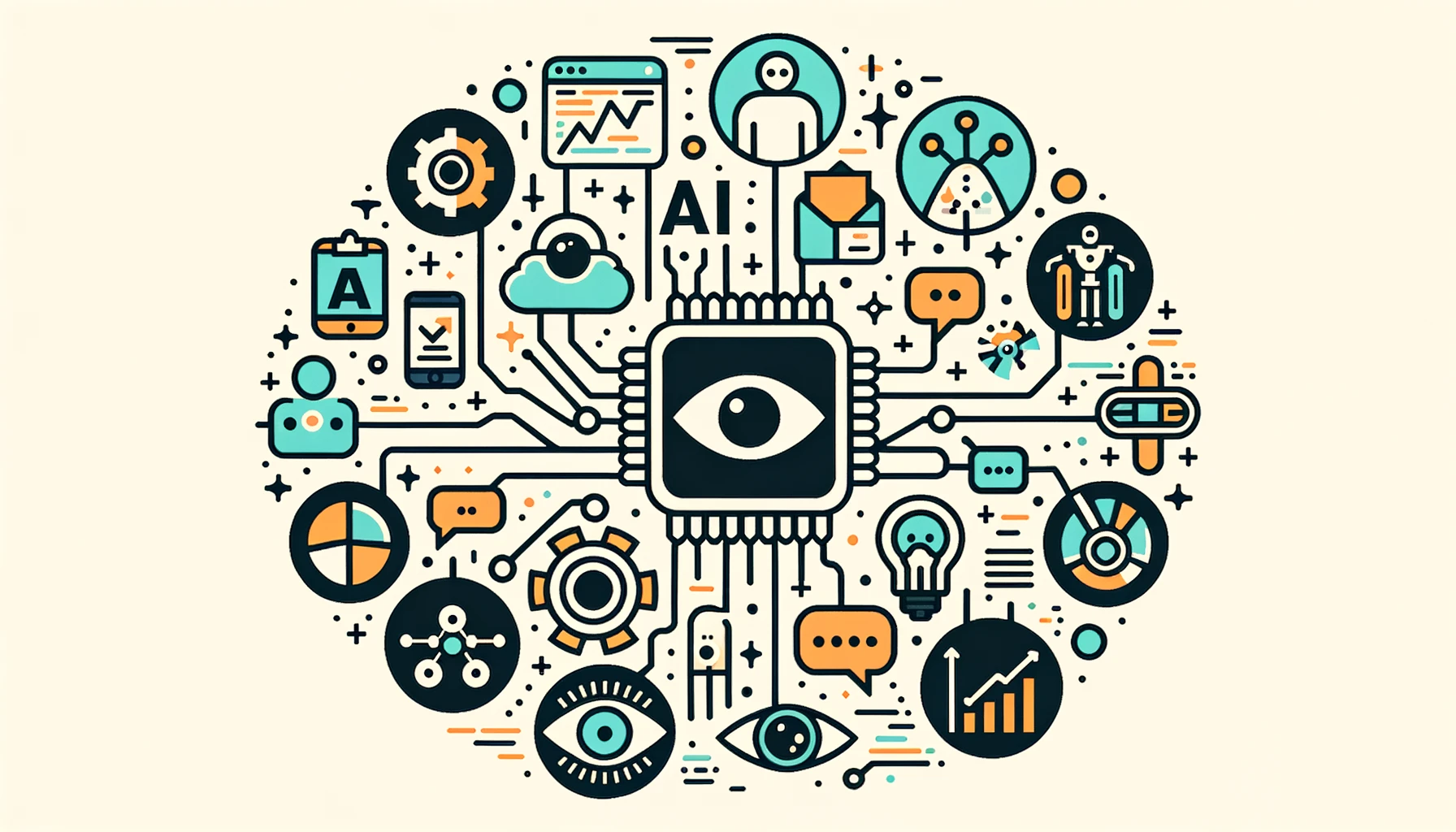 Diagram showing different types of artificial intelligence like computer vision, NLP, robotics, predictive analytics