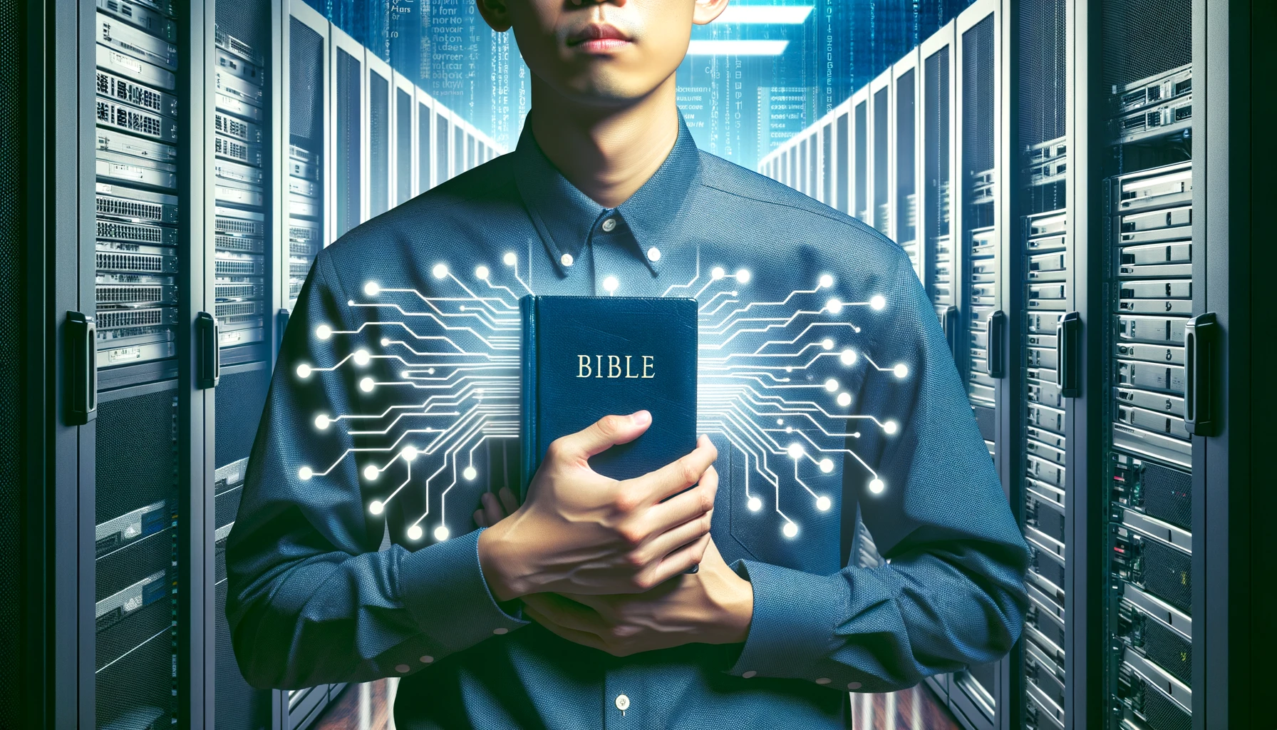 Image of a person holding a bible near computers