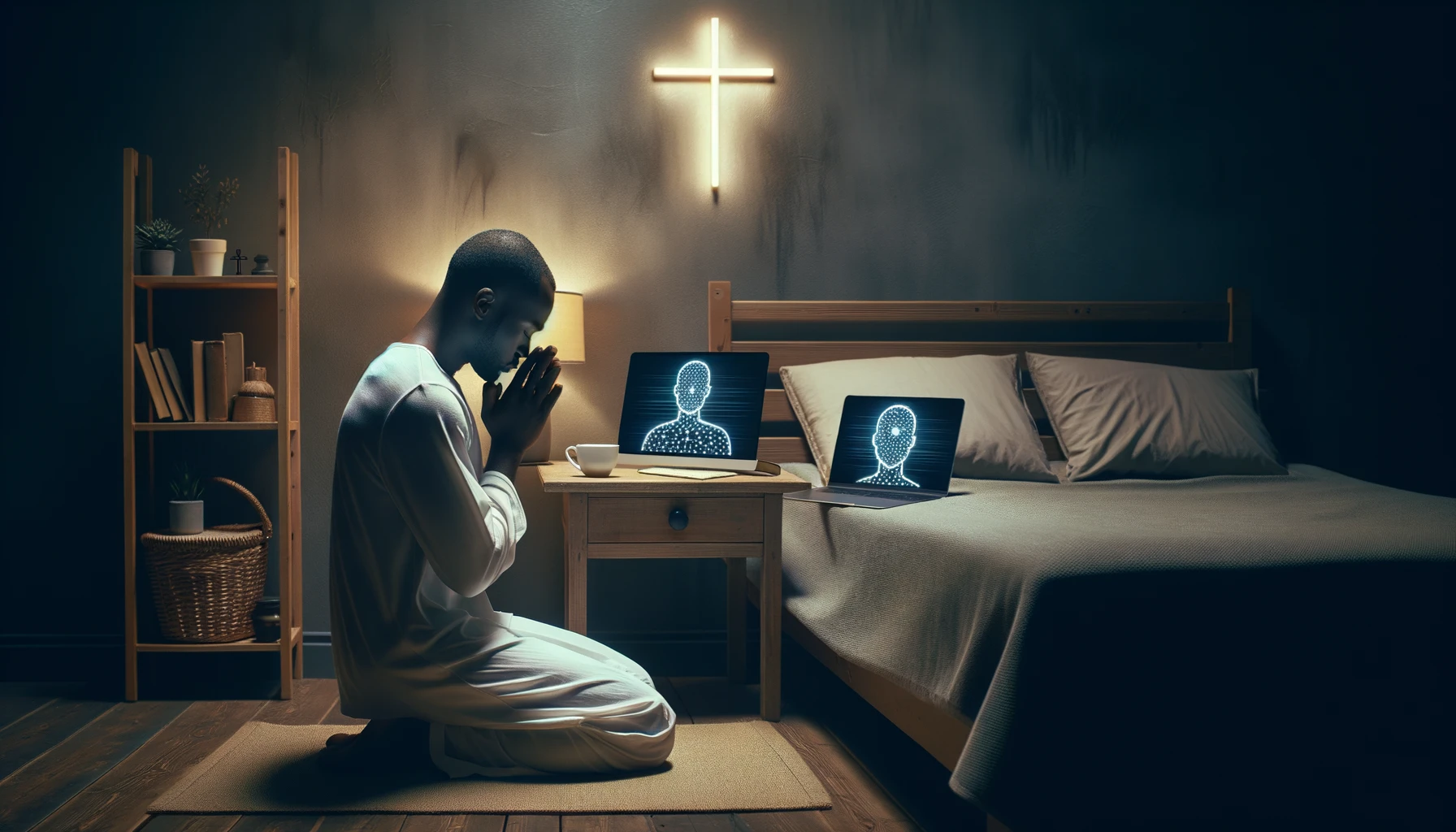 man praying with ai in background