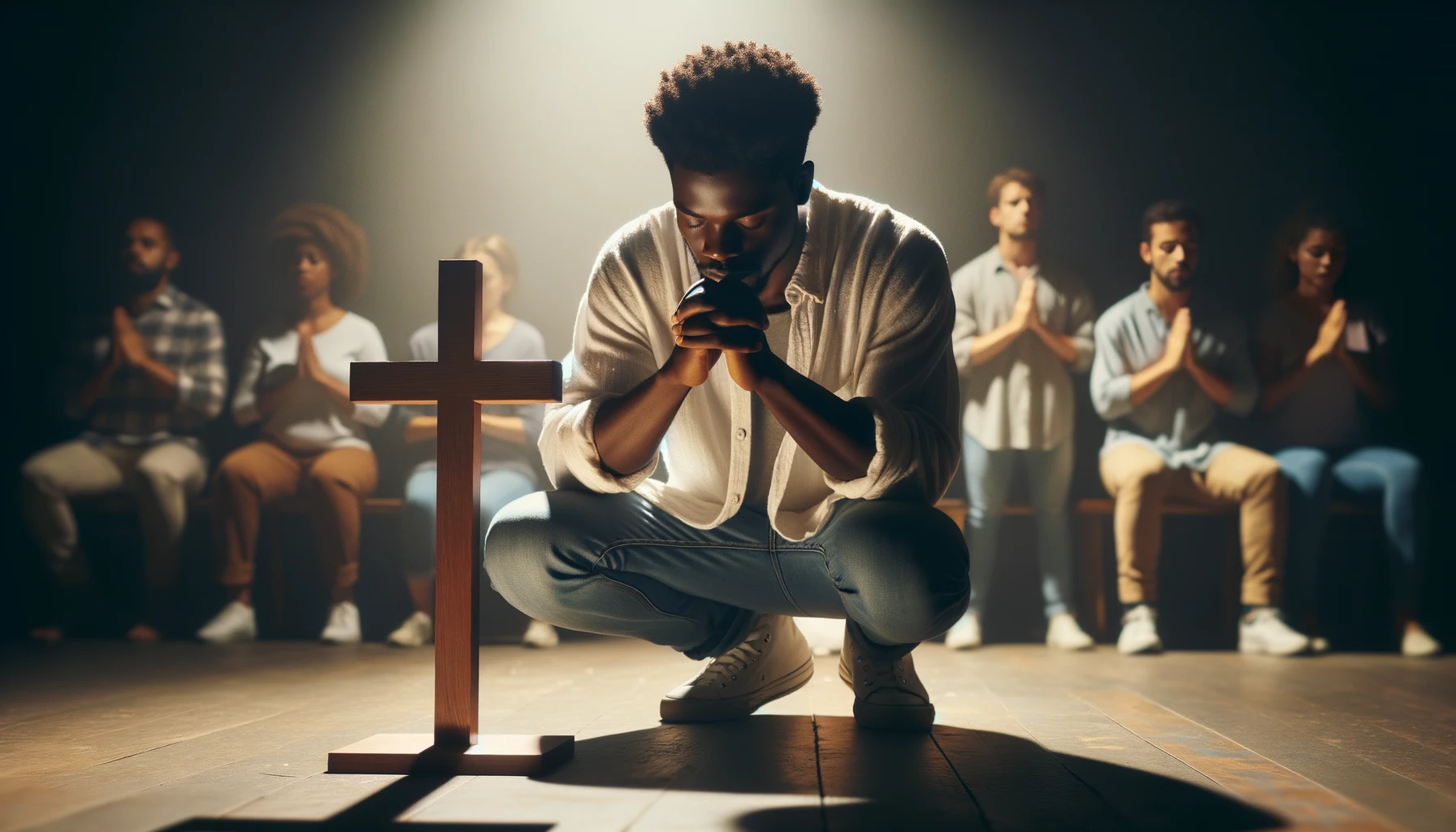 Person praying while looking at cross