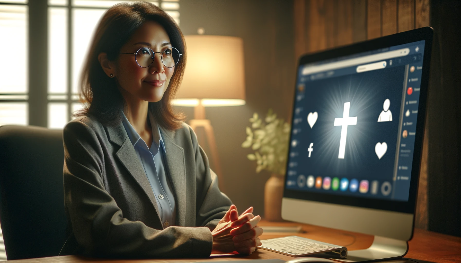 a woman using a computer with a digital AI powered community in the background